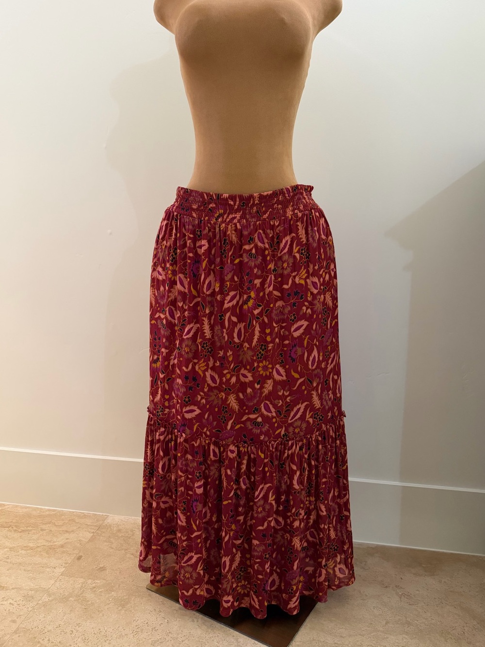Knox Rose Burgundy Floral Tiered Maxi Skirt
